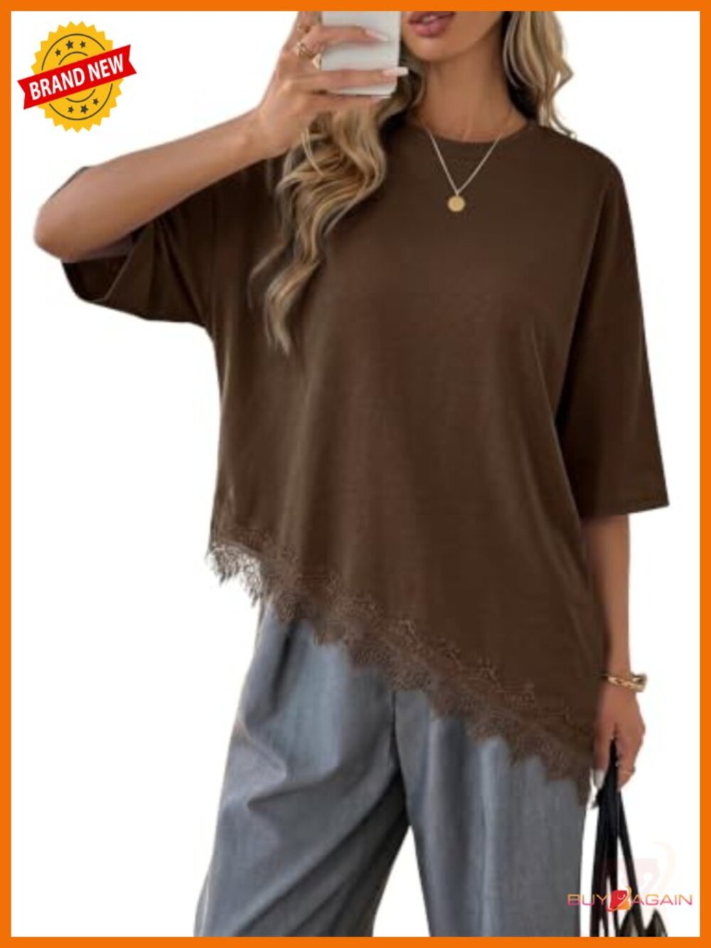 Women's 3/4 Sleeve Lace Asymmetrical Hem Tunic Blouse
